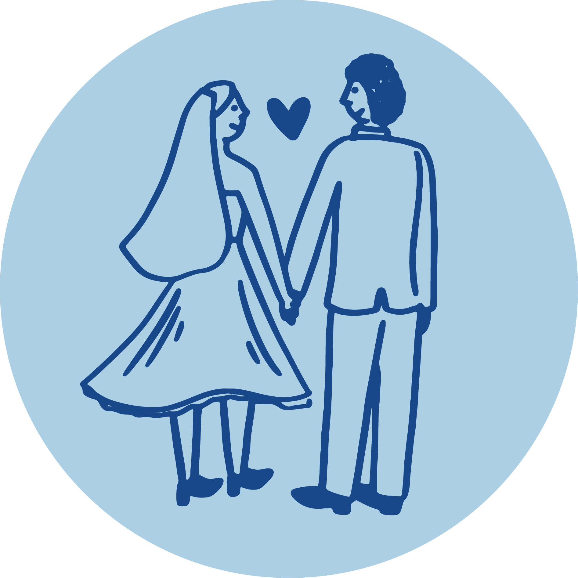 Line drawing of a bride and groom holding hands, facing each other with a heart above them, inside a light blue circle.