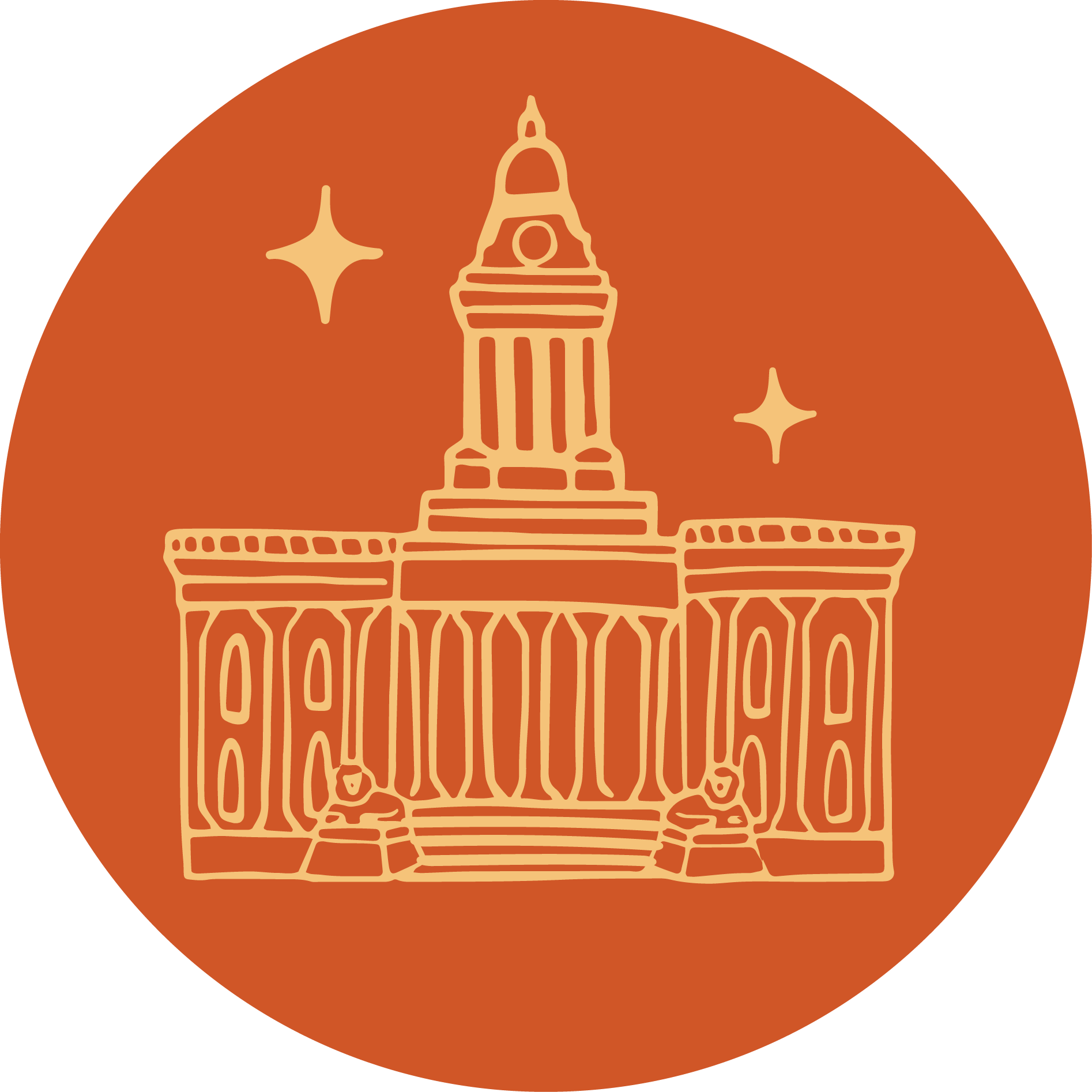 Illustration of a government building with a clock tower, surrounded by stars, on an orange circular background.