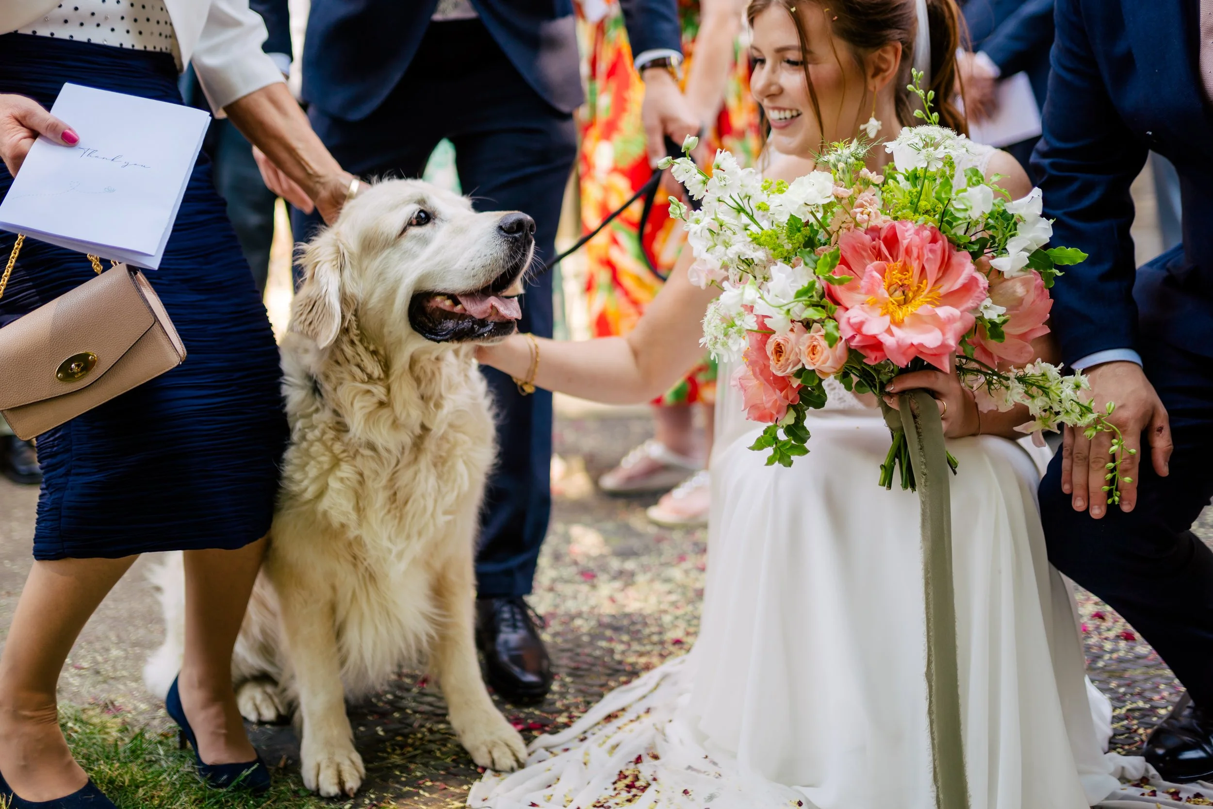 A bride holding a bouquet of pink and white flowers kneels beside a large golden retriever at a wedding, surrounded by people in formal attire.