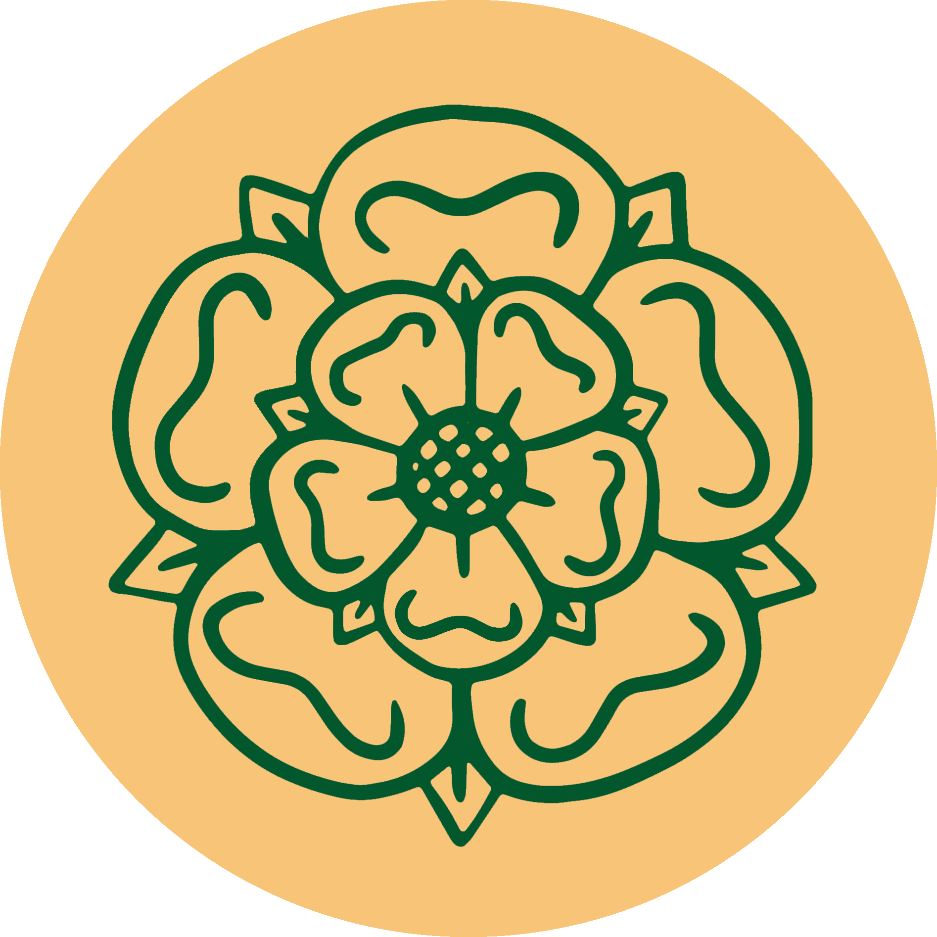 A stylized illustration of a rose with detailed line work in dark green on a beige circular background.