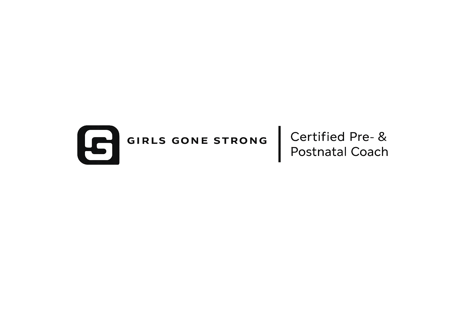 A black and white logo for Girls Gone Strong, featuring a stylized number 5 and the text "Girls Gone Strong" and "Certified Pre- & Postnatal Coach".