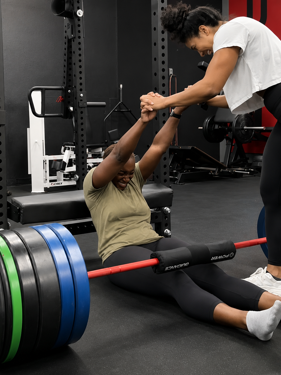 A woman on the floor of a gym, smiling and holding hands with a trainer, with weights and gym equipment in the background.
