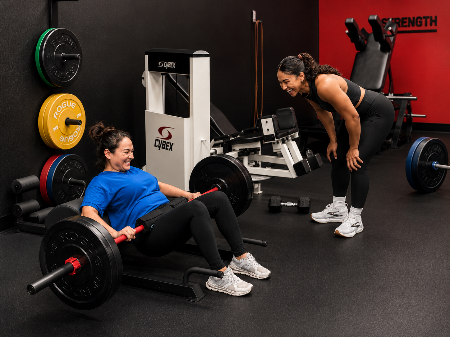 Two women at a gym. One woman is sitting on a bench, throwing a weight in a seated shoulder press exercise, smiling. The other woman is standing, leaning over, laughing. The gym has weight plates on the wall, a Cybex machine, and various gym equipment.
