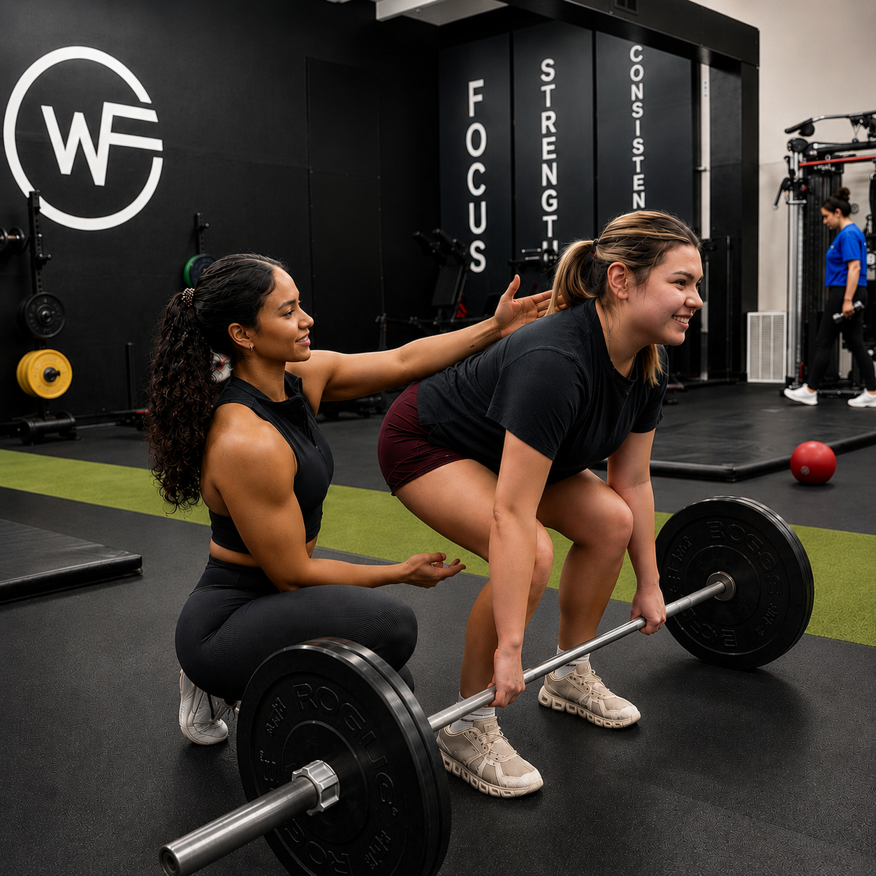 Two women at a gym with one woman helping the other lift a barbell. The woman lifting is in a squat position, while the helper, crouching beside her, is smiling and providing support.