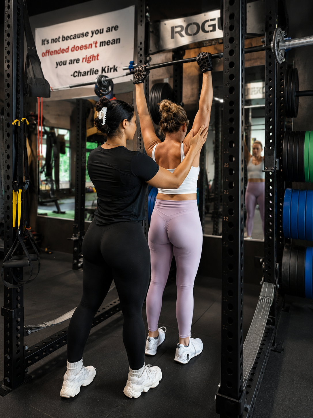 A woman in purple leggings and a white sports bra is getting assistance with a barbell from a trainer in black leggings and a black t-shirt at a gym. There is a motivational quote on the wall behind them.
