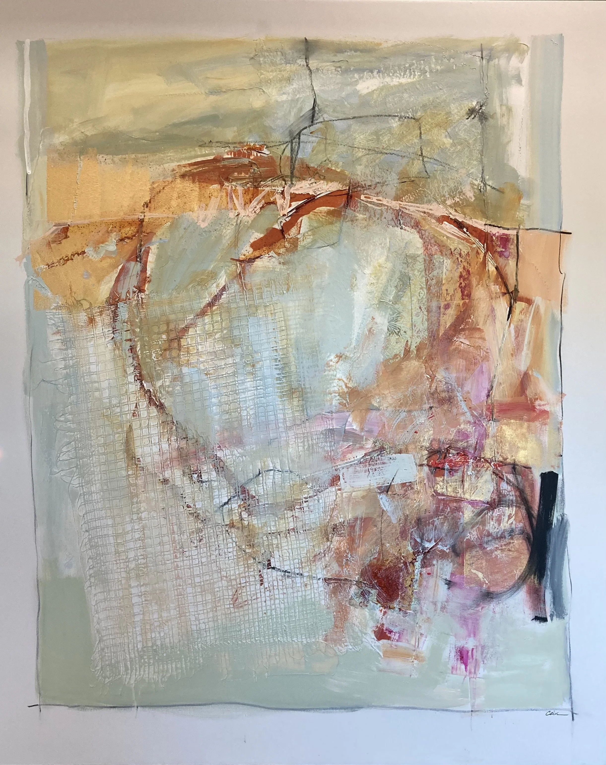 Abstract painting with soft pastel colors, textured grid pattern, and black and red lines.