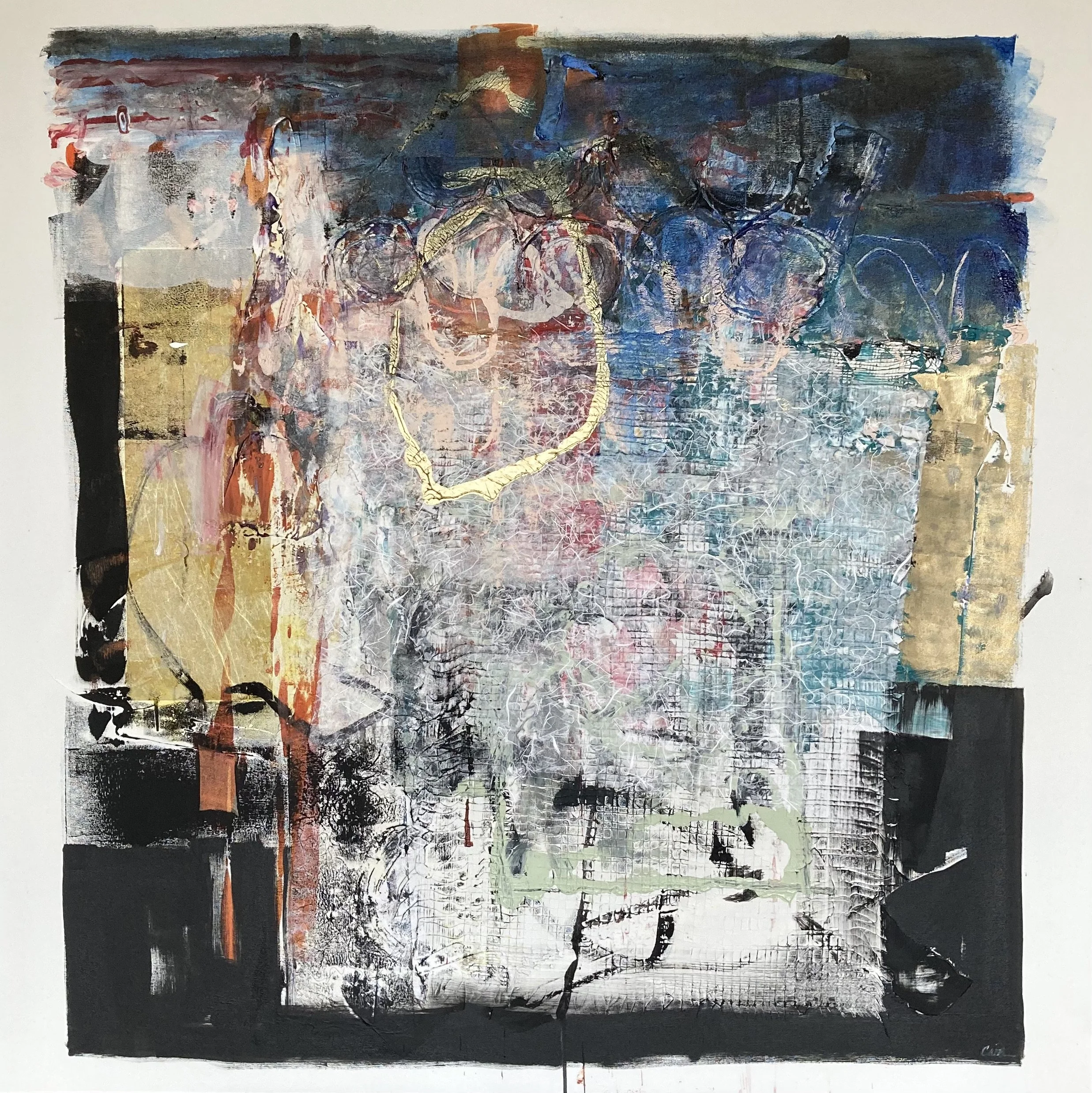 Abstract mixed-media artwork with layered textures, colors, and shapes including black, gold, blue, pink, and red, with prominent circular and linear elements.