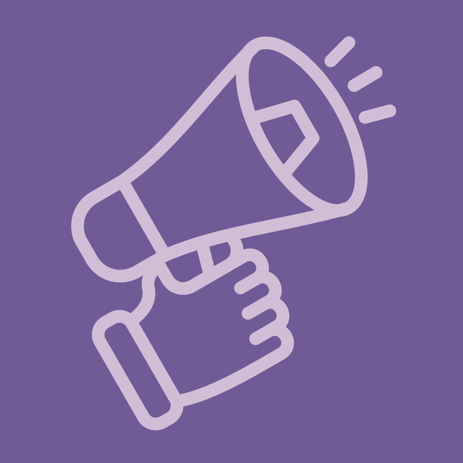 Outline drawing of a hand holding a megaphone on a purple background.