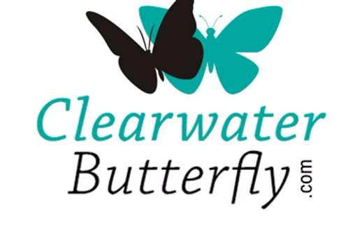 A logo with two butterfly images, one black and one teal, above the text 'Clearwater Butterfly.com' in teal and black font.