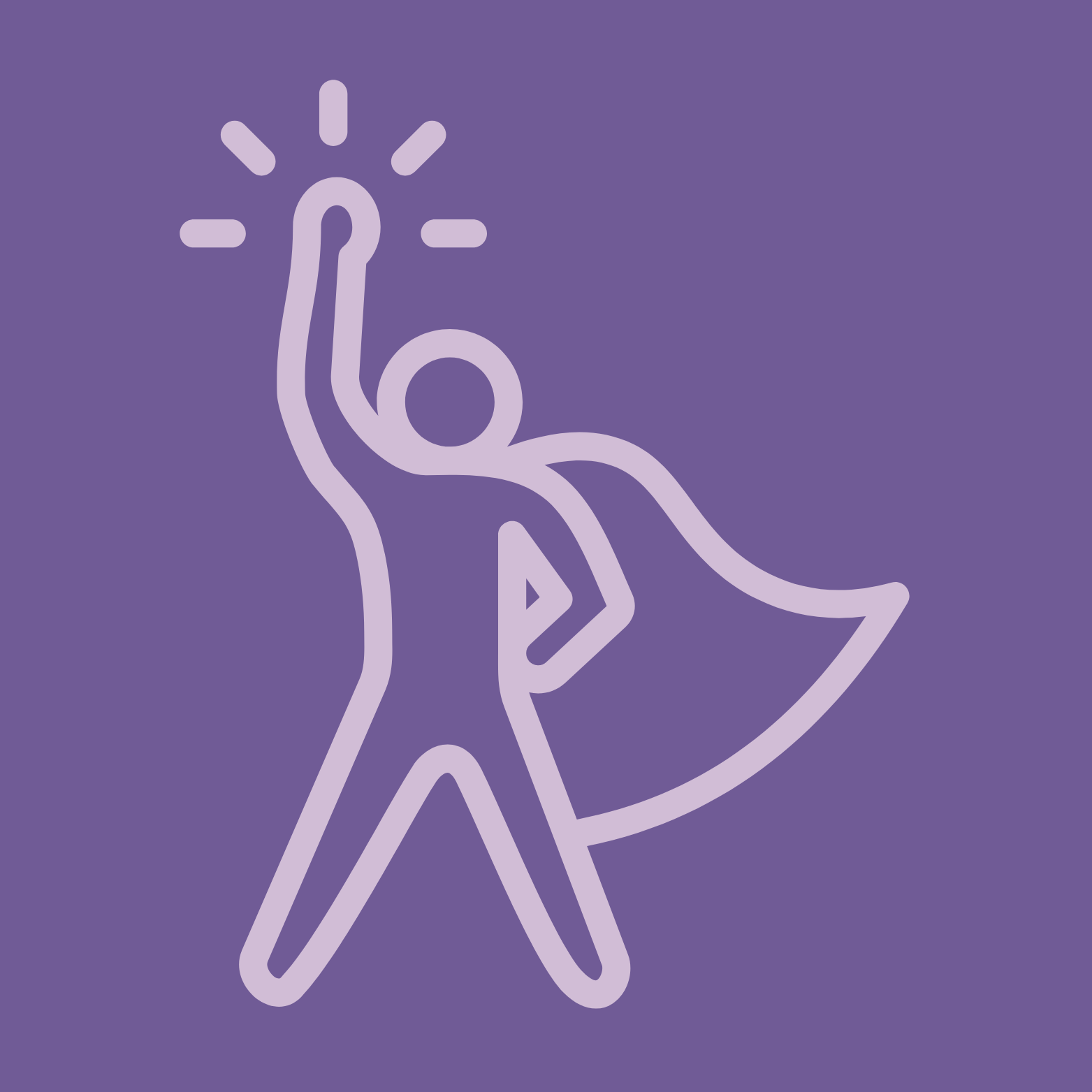 Line drawing of a person with a cape lifting their arm, with motion lines around their hand, on a purple background.