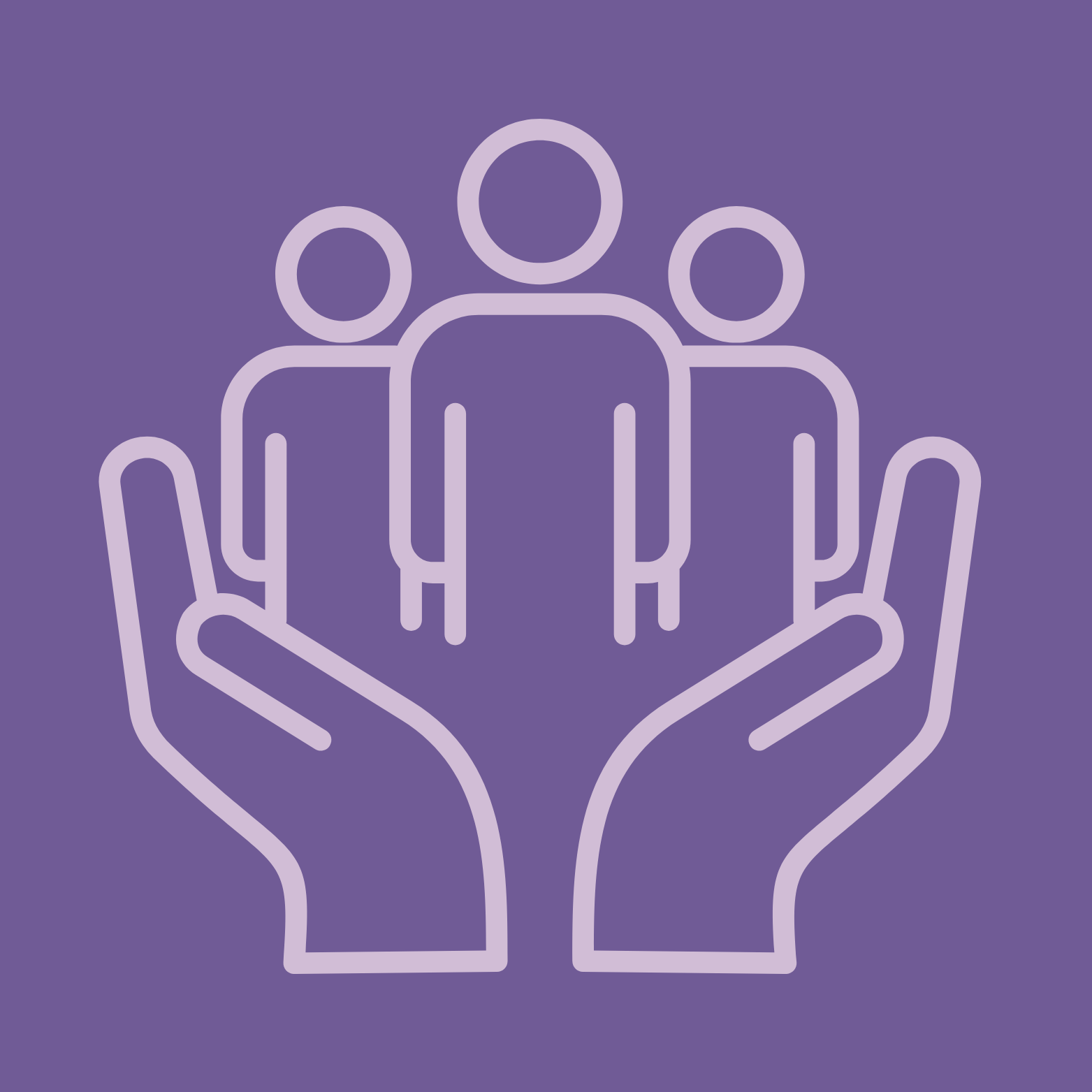 Outline drawing of three people in front of two giant hands, symbolizing support or care, on a purple background.