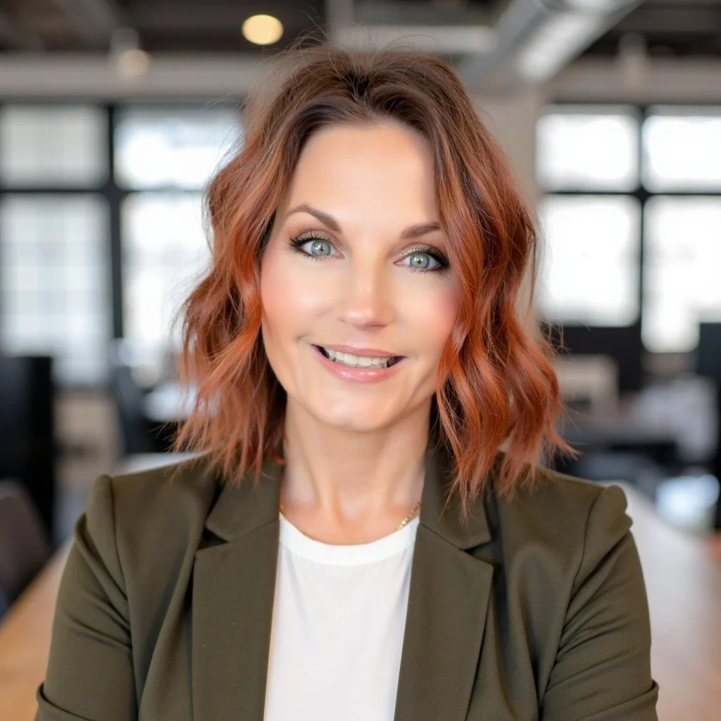 A woman with wavy, shoulder-length hair, smiling in an office setting with large windows in the background.