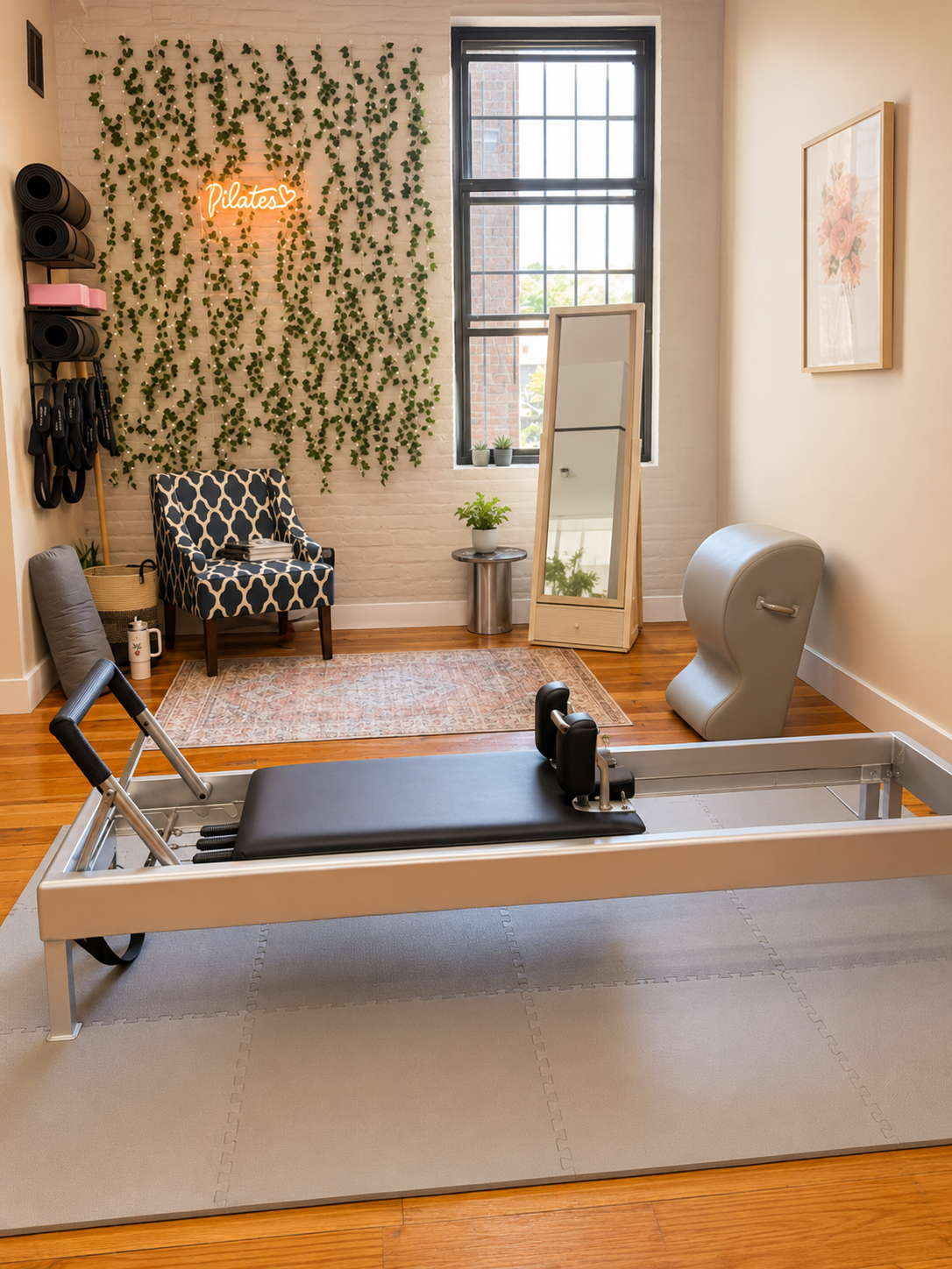 Pilates studio in Worcester, MA with a reformer machine on a foam mat, wall-mounted yoga mats, trauma informed space, small table with a plant, wall decor with green leaves, neon 'Pilates' sign, window, framed art, and some small plants.