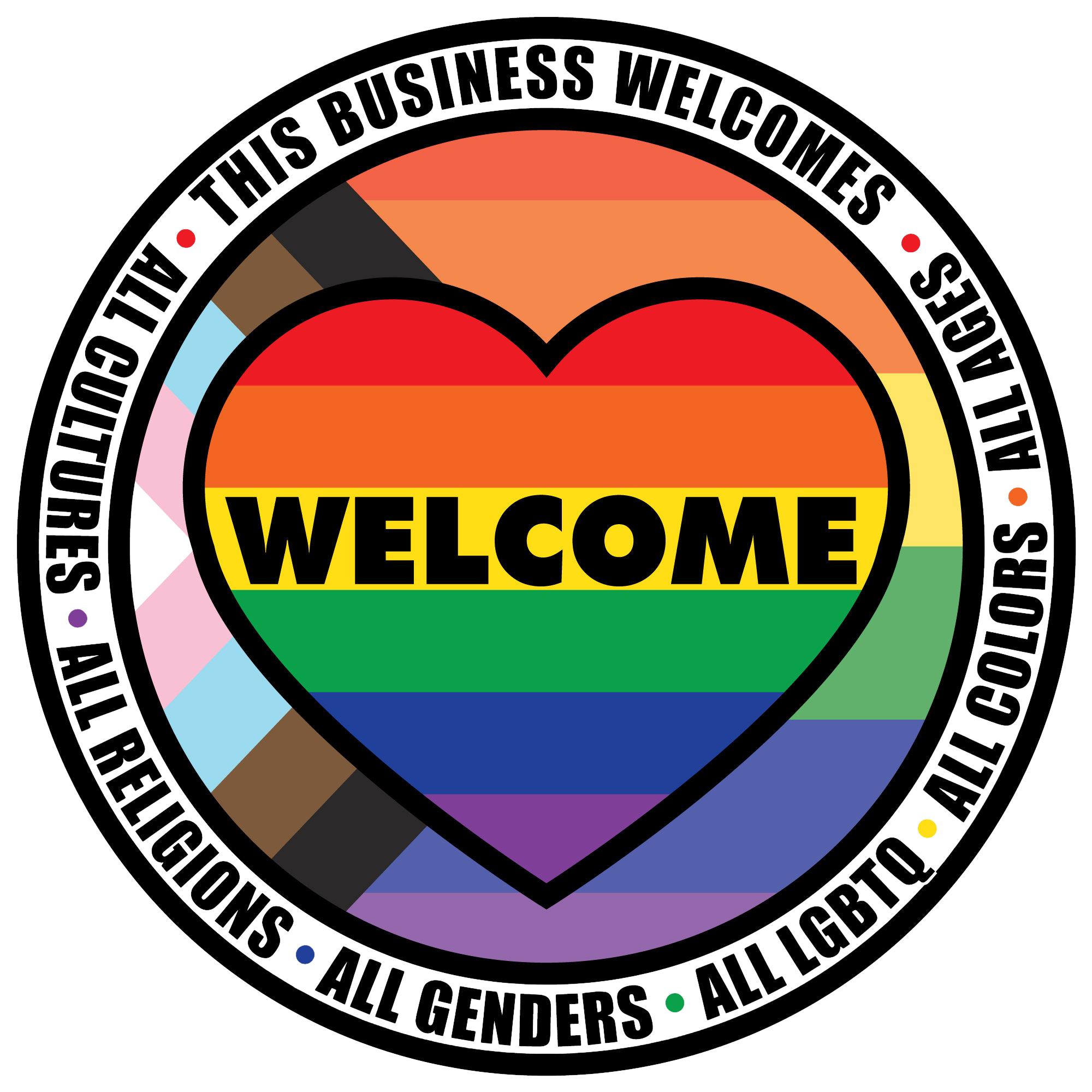 A circular badge with rainbow colors and the text "WELCOME" in the center. The outer ring has the words "THIS BUSINESS WELCOMES ALL GENDERS" in black on a black background.