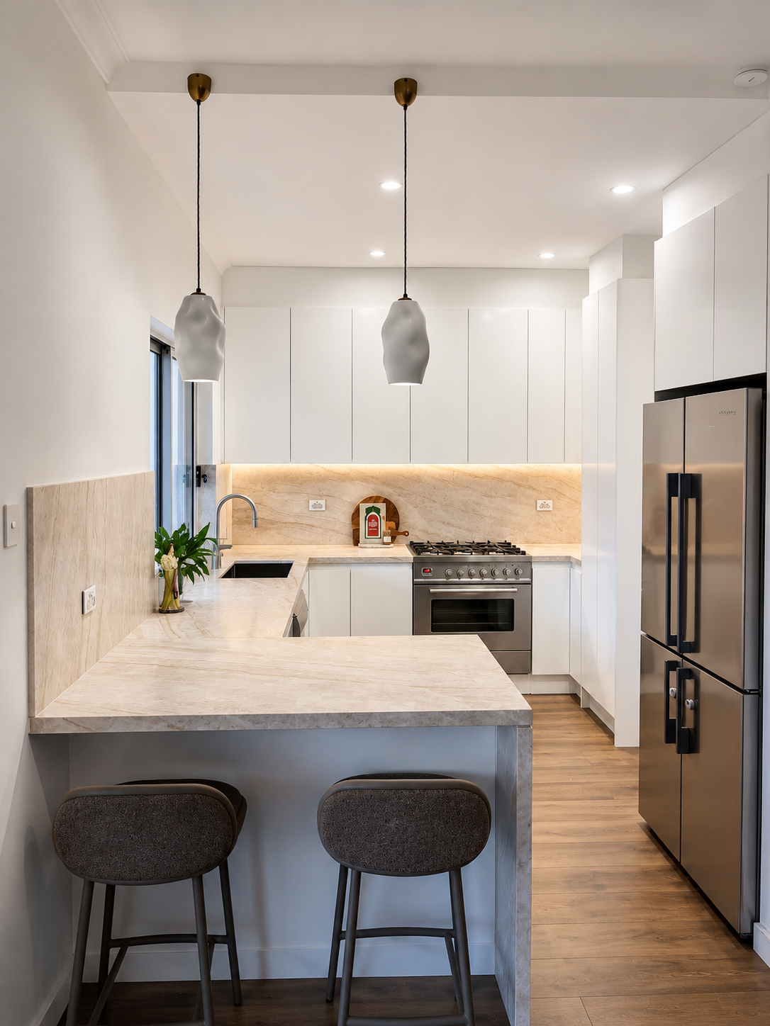 Modern kitchen with beige marble countertops, white cabinets, stainless steel appliances, hanging pendant lights, and a small breakfast bar with two chairs.