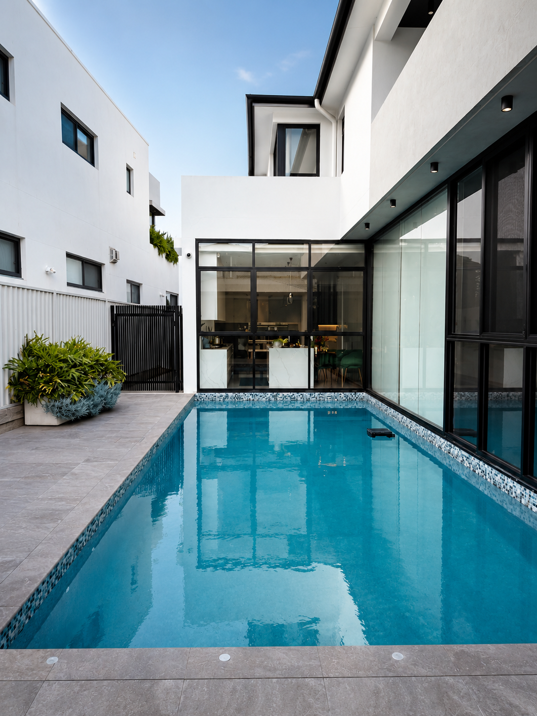 Modern backyard with a blue swimming pool, surrounded by gray tiles, adjacent to a white multi-story house with large glass windows and plants in white pots.