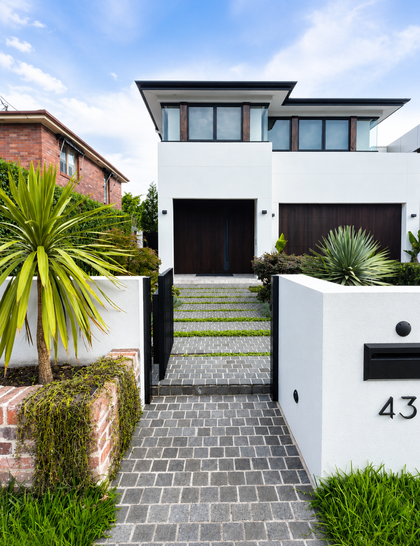 Modern white house with dark wooden accents, large windows, and a black gate. Front yard has plants and a stone pathway.