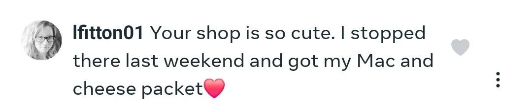 Screenshot of a social media comment praising Westview Farm and mentioning a Mac and cheese packet with a heart emoji.