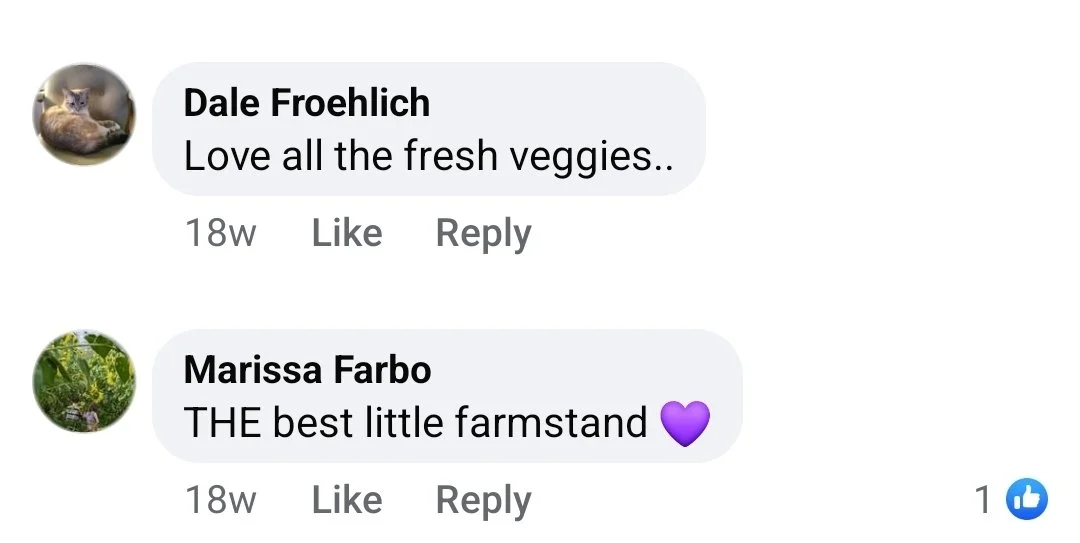 Screenshot of Facebook comments praising Westview Farm's farmstand with fresh vegetables.