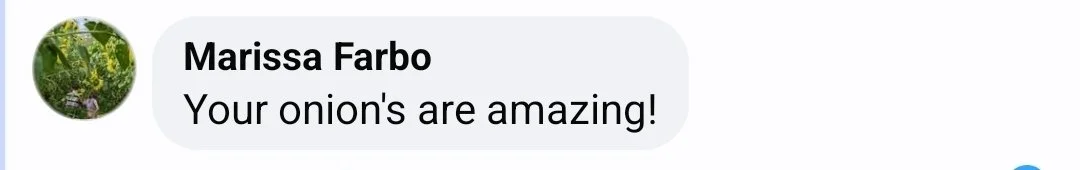 A text message that says, 'Your onion's are amazing!'.