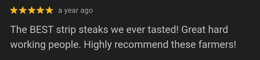 Customer review praising Westview Farm's strip steaks for being the best tasting and recommended for hardworking farmers.