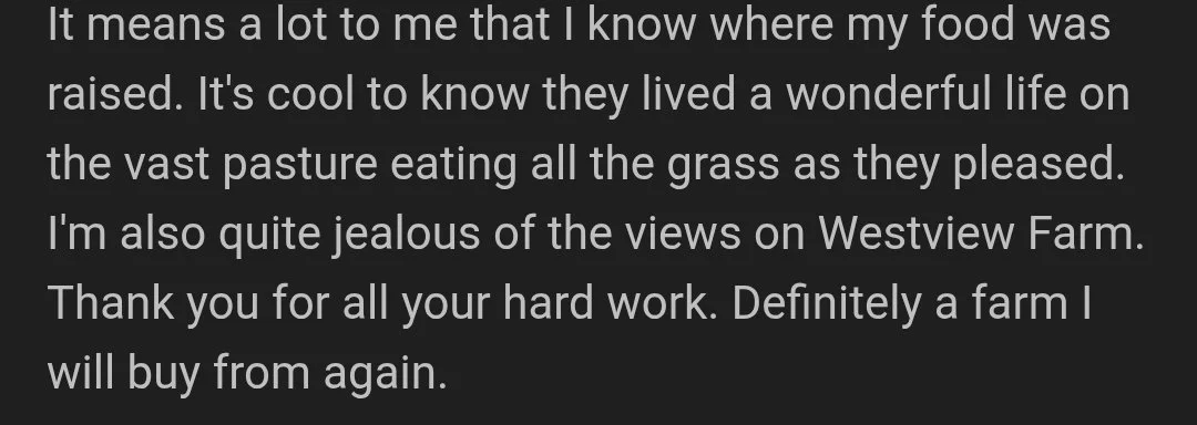 Close-up of a handwritten note expressing appreciation for Westview Farm's food and views.