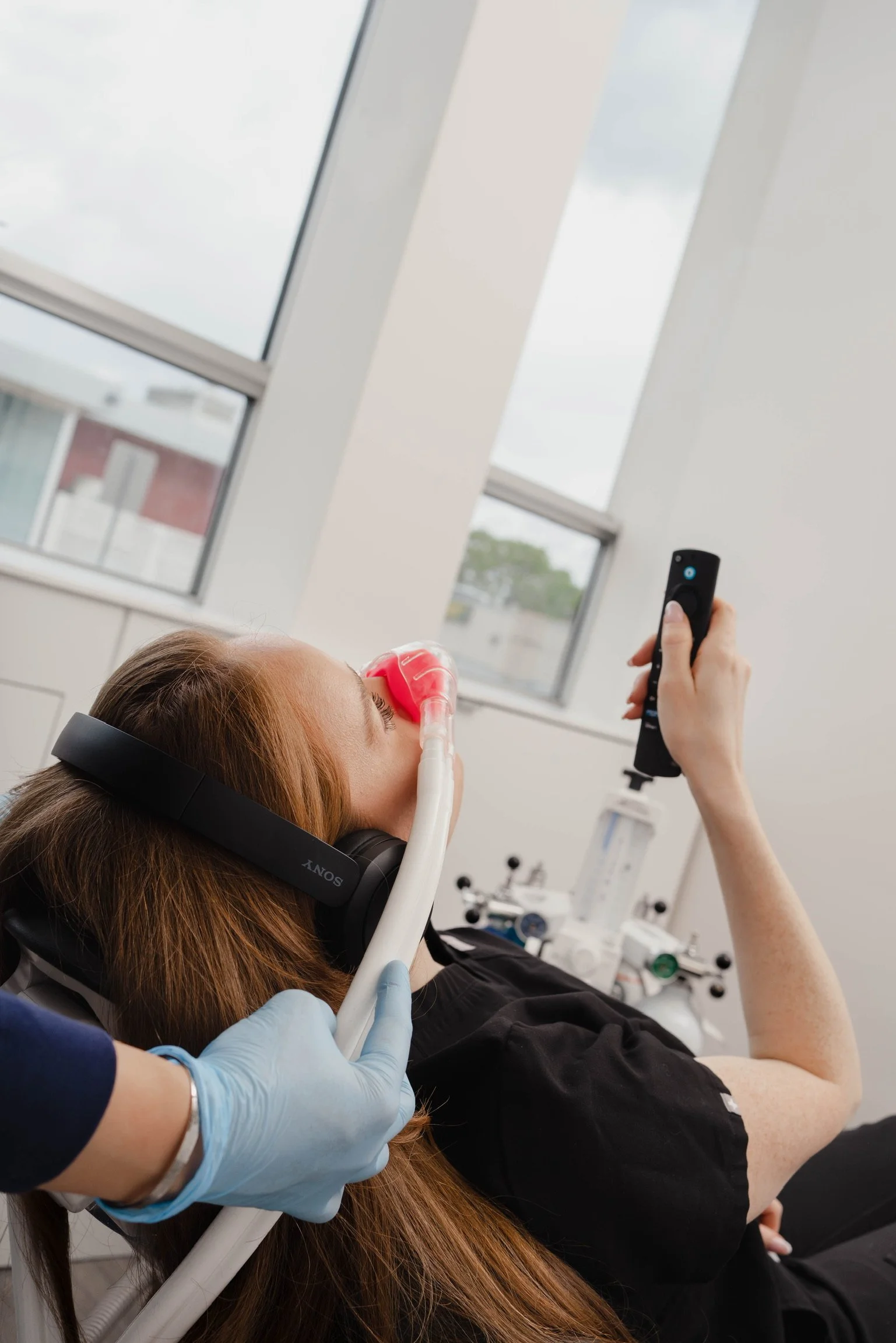 Nitrous oxide (laughing gas) sedation administered to patient at Teeth & Beauty dental clinic in Toronto.
