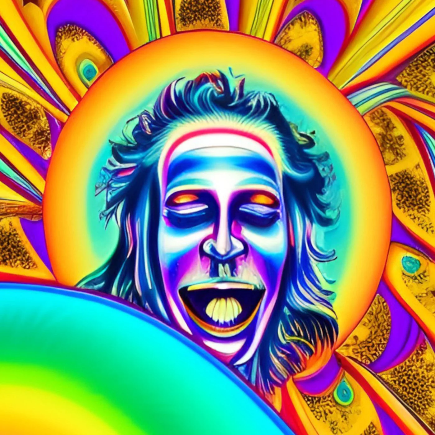 A vibrant, psychedelic portrait of an ecstatic human with an open mouth, surrounded by a colorful halo and intricate patterns in yellow, purple, green, and blue hues.