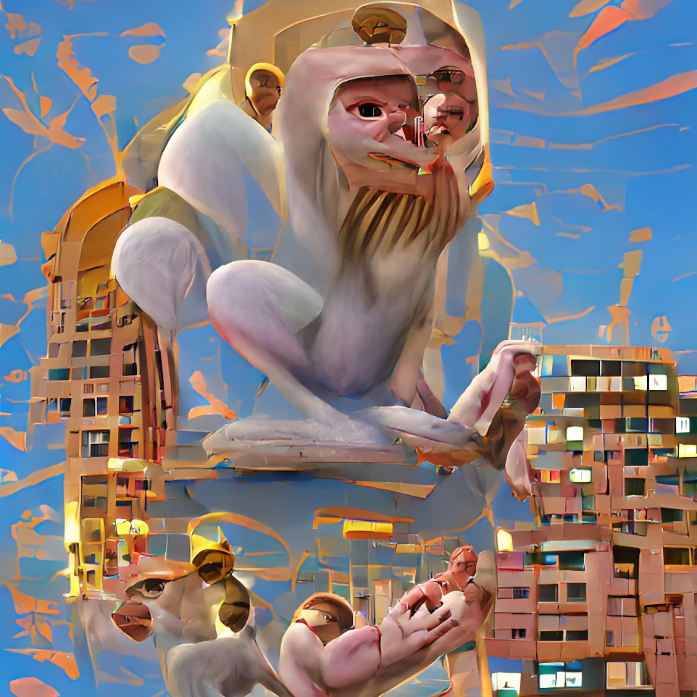 A surreal digital artwork portraying a colossal, white monkey, sitting cross-legged. The scene includes a blue sky, distorted buildings and other abstract elements.