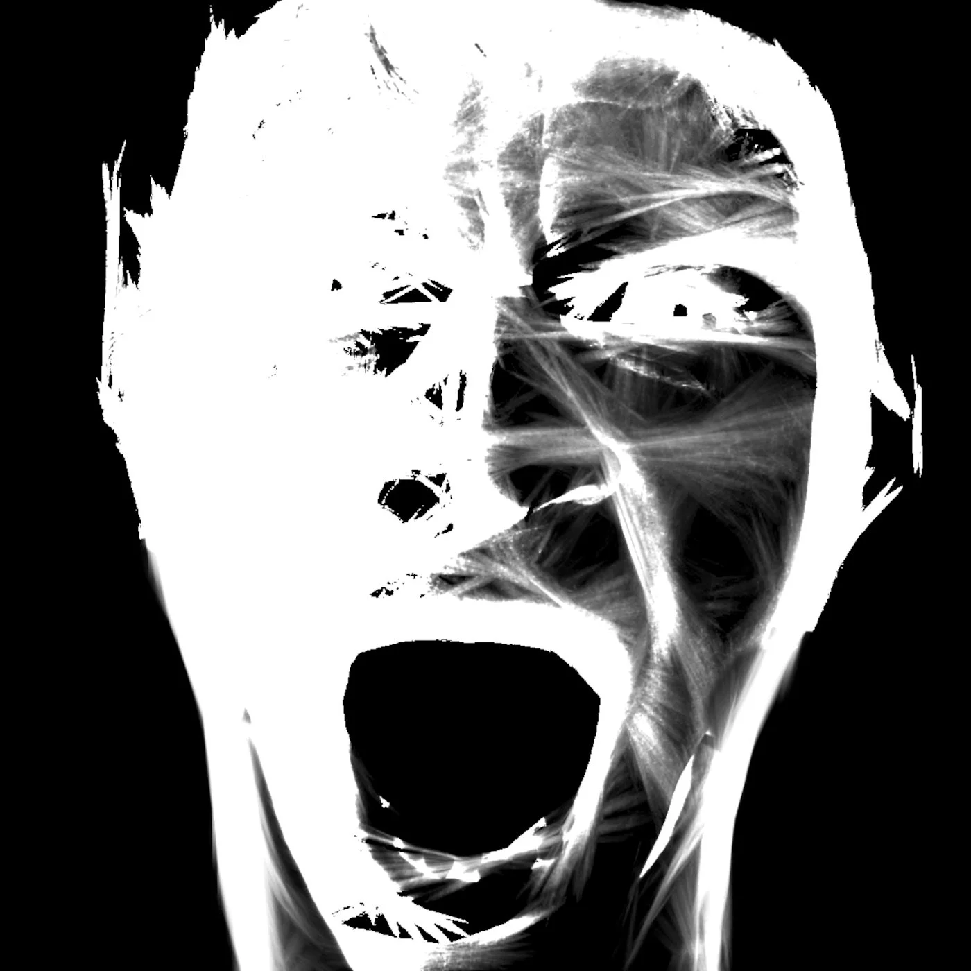 A high-contrast, black-and-white digital illustration of a person with an expression of anger or frustration, with exaggerated features and a stylized, abstract background.