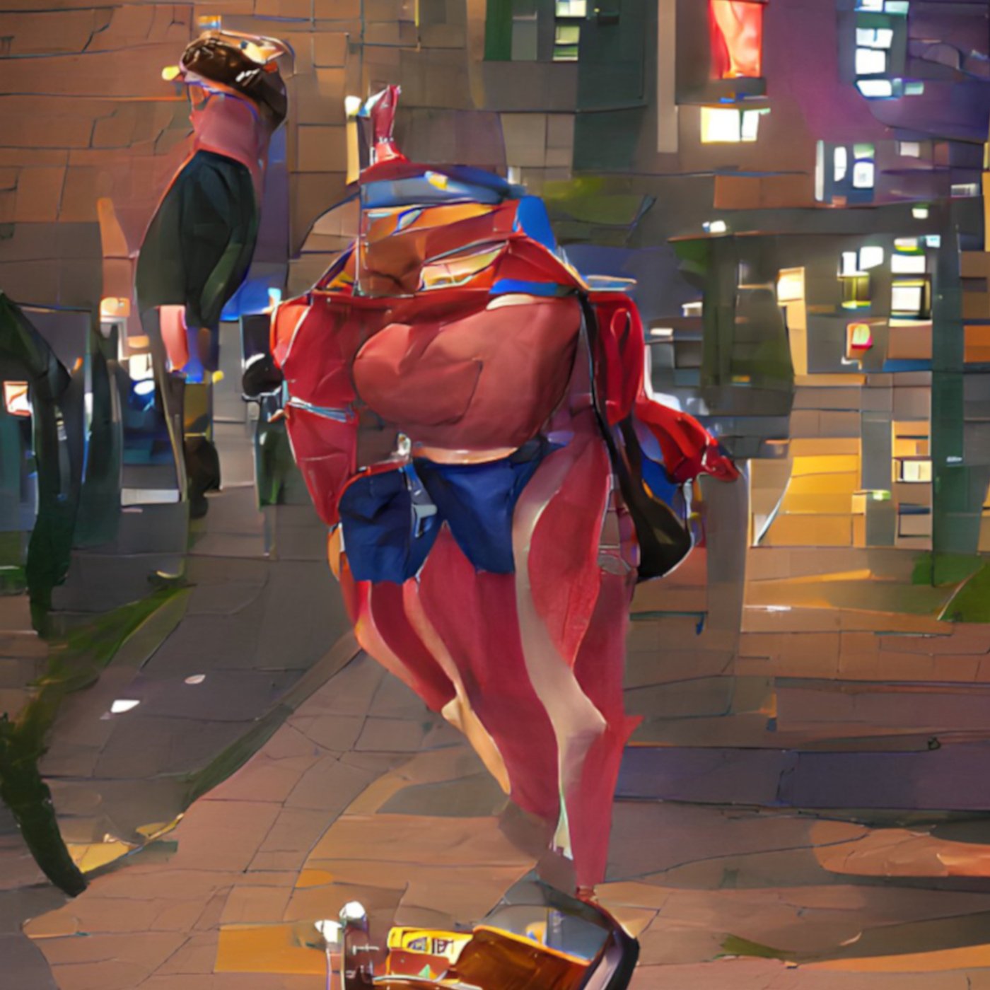 Colorful distorted image of a superhero dressed in red and blue, walking down the street, surrounded by reflective surfaces and varied light reflections.