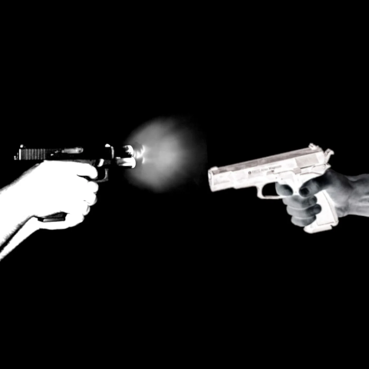Black and white photo of two guns being pointed at each other, one firing and the other too late.