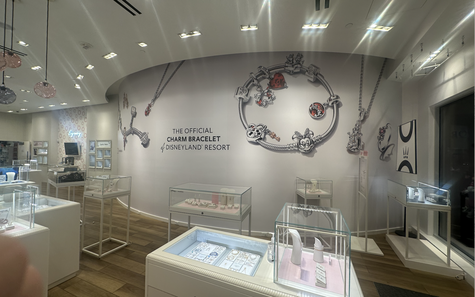 Display of Disney-themed charm bracelets and jewelry in glass cases at Disneyland Resort, with a large wall graphic of bracelet images and text that reads 'The Official Charm Bracelet of Disneyland Resort'.