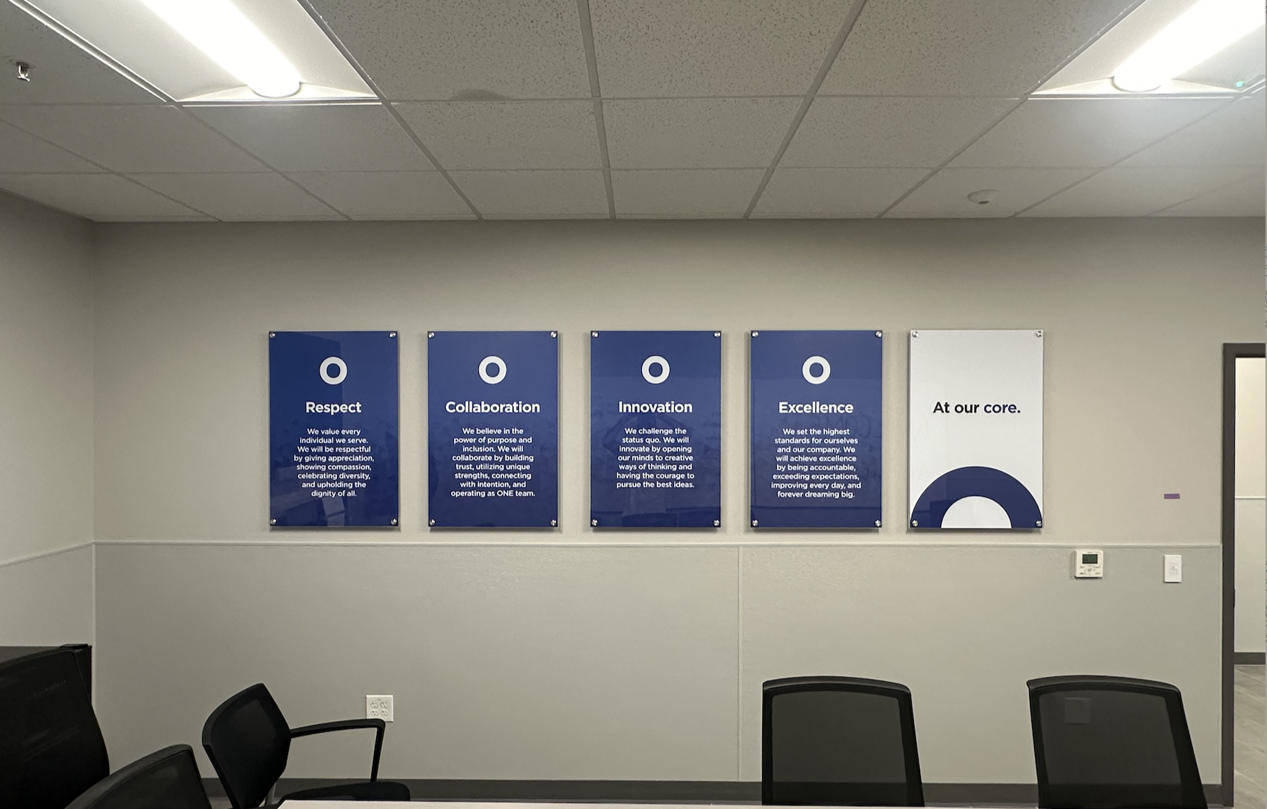Wall with five blue and one white framed posters displaying company's core values: Respect, Collaboration, Innovation, Excellence, and At our core.