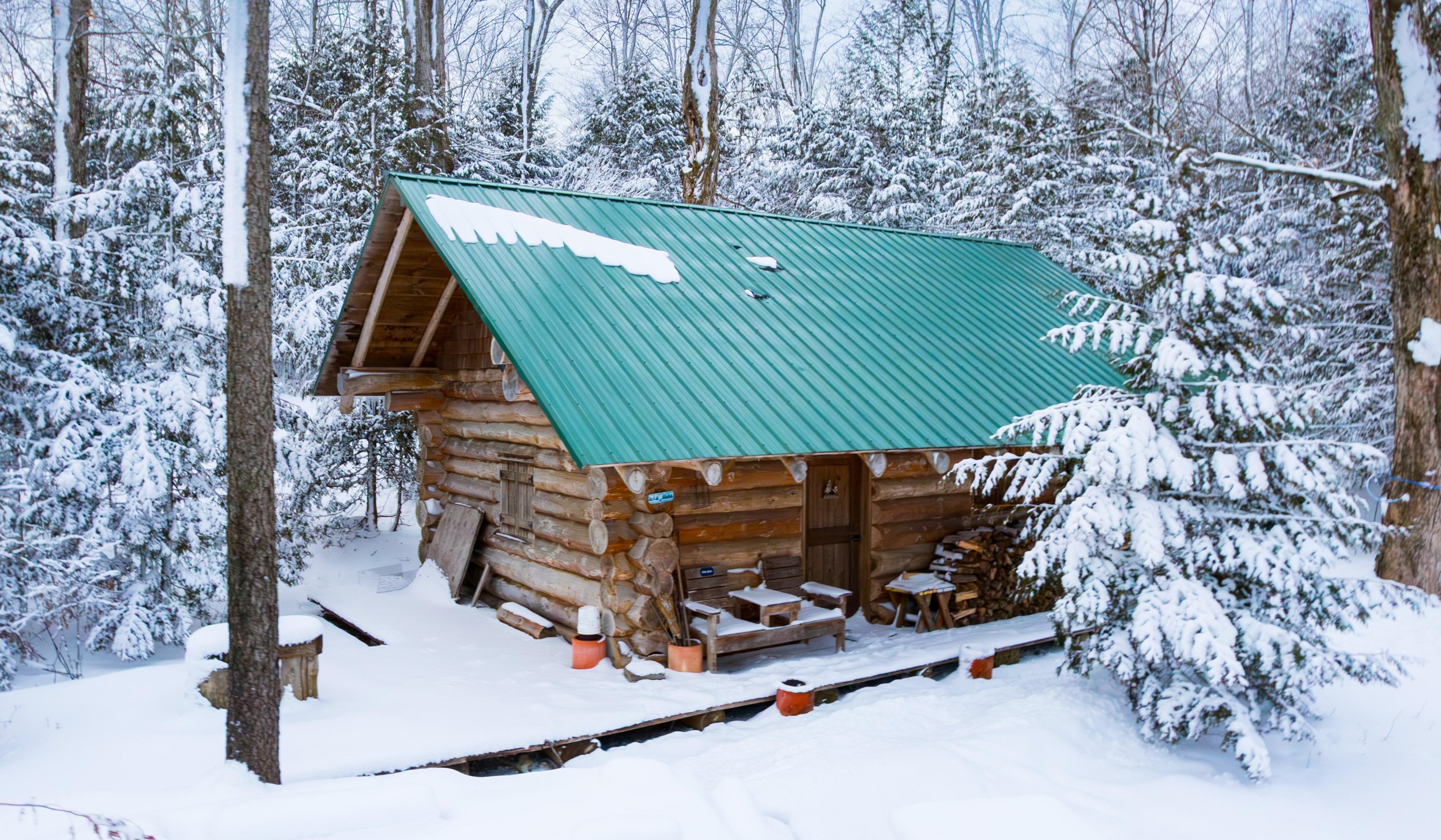 A small log cabin with a teal metal roof in a snow-covered forest, surrounded by snow-laden trees, with firewood stacked outside and snow on the ground. Wholesale maple syrup in Ontario, bulk maple syrup Canada, custom maple syrup gifts.
