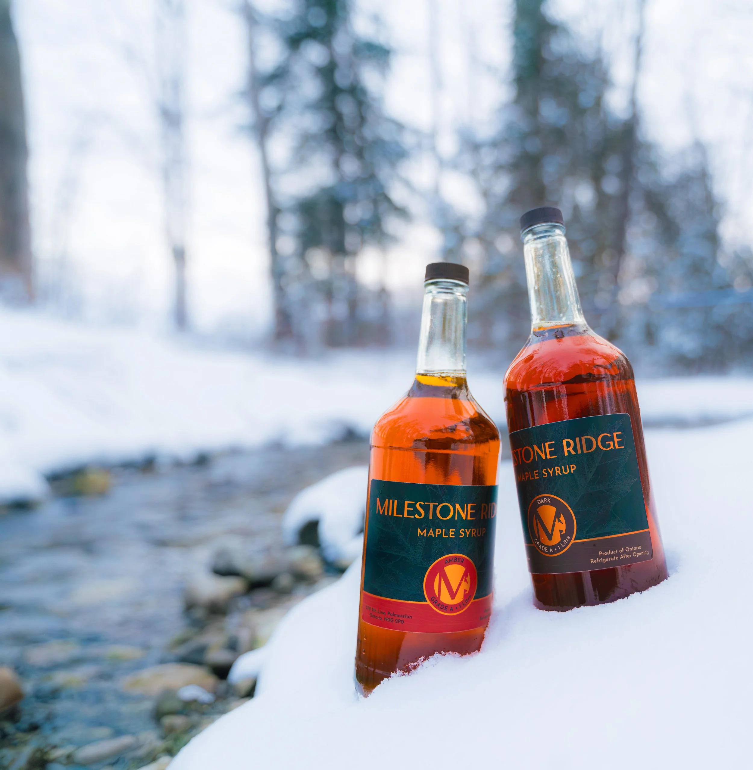 Two glass bottles filled with maple syrup on snow outdoors with a blurred forest background. Maple syrup in Palmerston Ontario, buy maple syrup near me, maple syrup Wellington County, maple syrup Perth County, maple syrup Waterloo Region