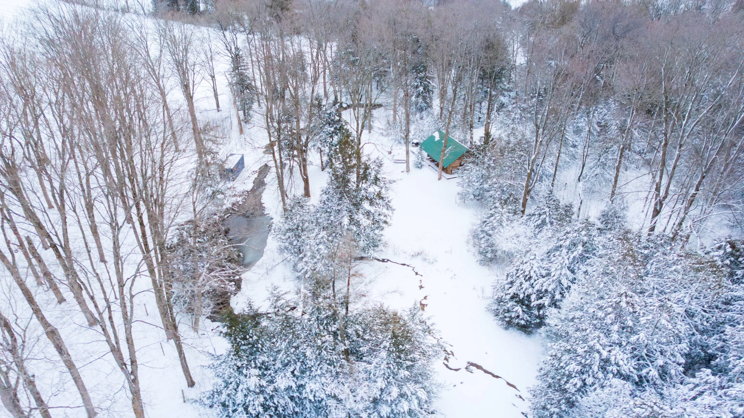 Aerial view of a snow-covered forest with a small green-roofed cabin and a few other structures. Milestone Ridge Maple Syrup - Pure Ontario maple syrup from Palmerston, Ontario, Canada. Grade A maple syrup available for purchase .