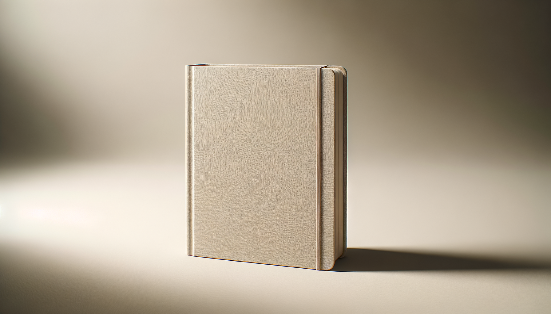 A closed beige notebook with a textured cover standing upright on a light surface, casting a shadow and blurred background.