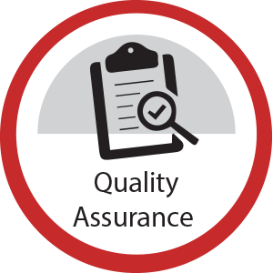A badge with a clipboard and pen icon, labeled 'Quality Assurance' in black text, surrounded by a red and white circular border.