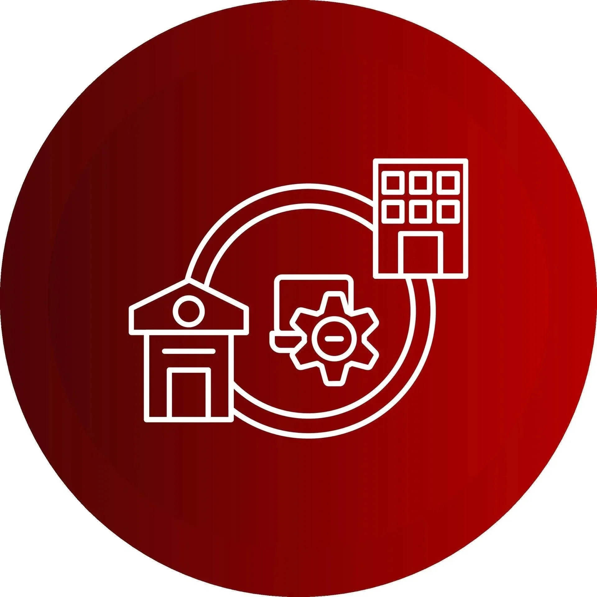 Icon representing a home, a gear, a house with a gear, and a building connected in a circular flow, on a red background.