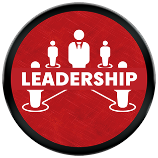 A red circular sign with the word 'LEADERSHIP' and icons of a leader connecting two other figures symbolizing leadership connections