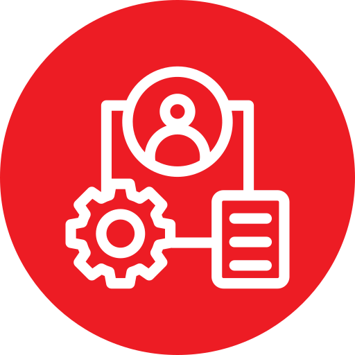 Icon of a network connection with a person's profile, gear, and document inside a red circle