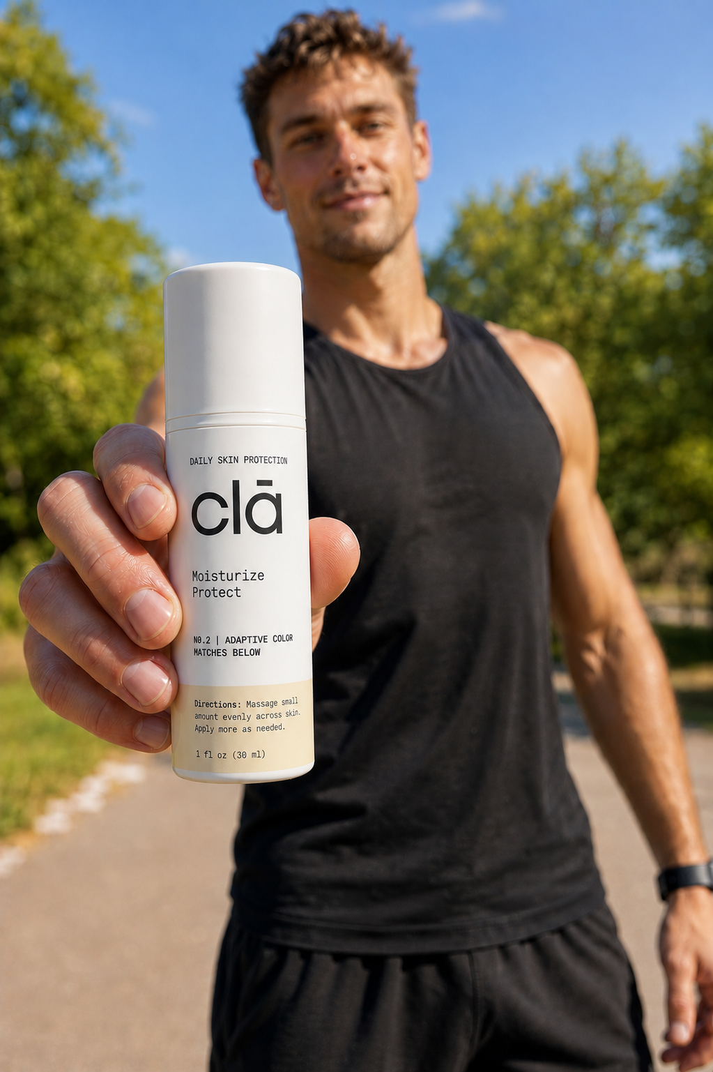 A man in a black sleeveless shirt outdoors on a sunny day, holding a bottle of moisturizer or skincare product labeled 'cla' with the text 'Moisturize Protect' and directions, in focus, with trees and a blue sky in the background.