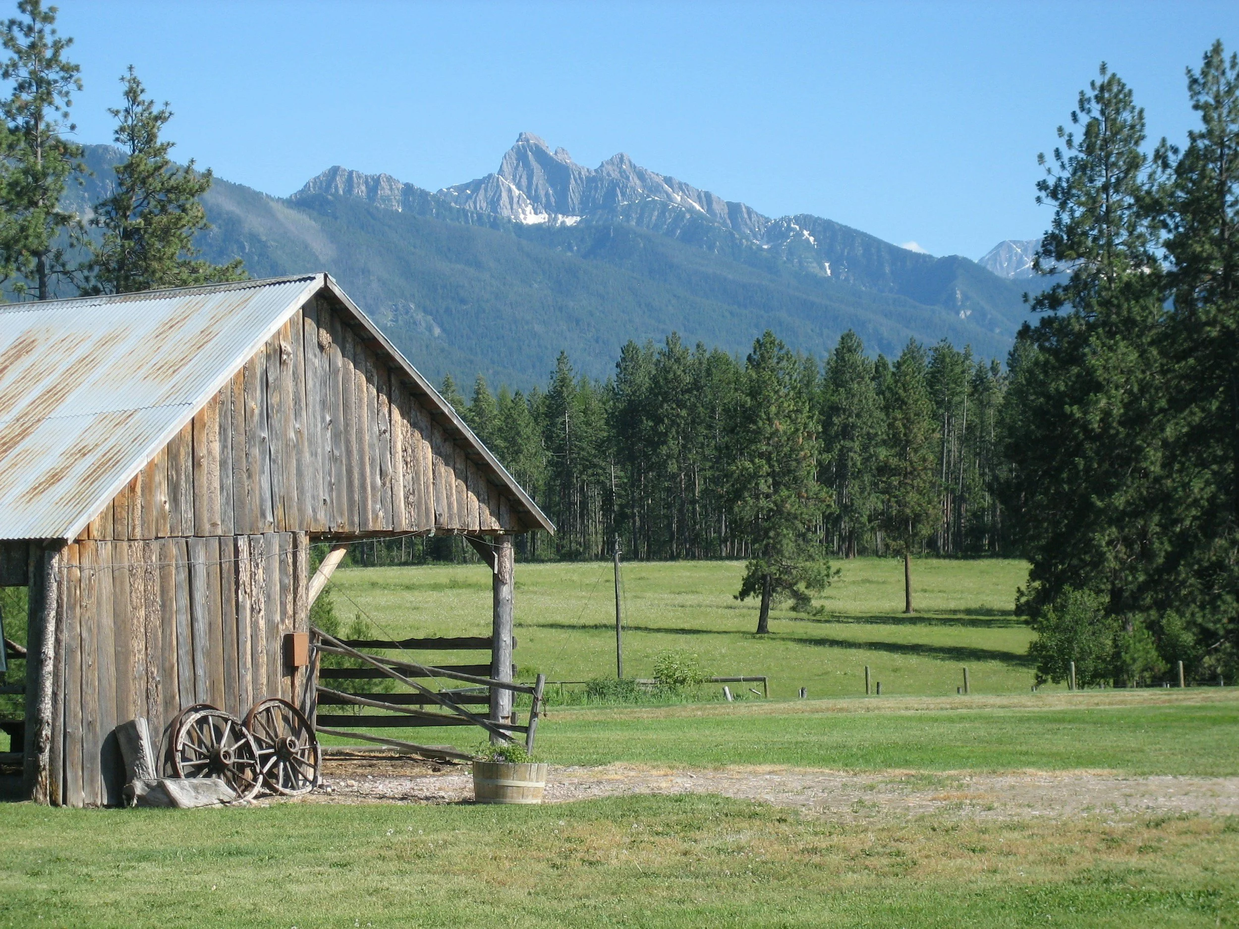 A rural landscape with a rustic wooden barn, green grass, trees, and mountains in the background under a blue sky.