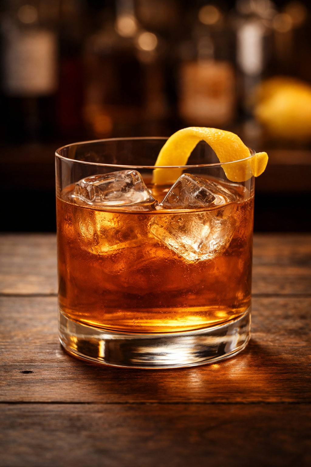 A whiskey based cocktail with a lemon peel twist