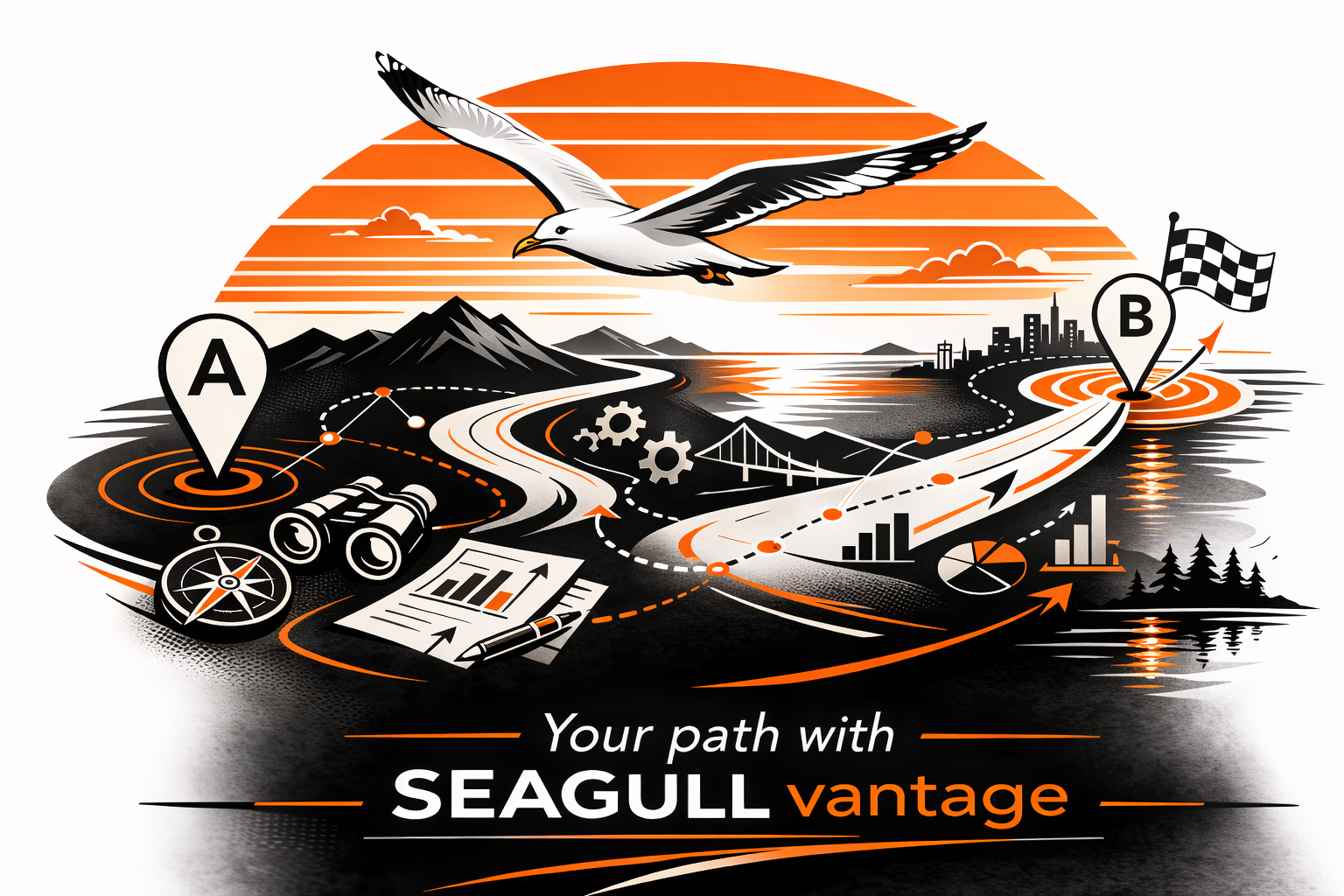 Seagull above an "A" to "B" path, circuitously drawn with compass, binoculars, data sheets, gears, and checkered flag