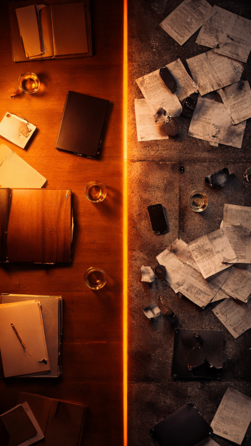 vertical split image, clean and tidy desktop on one side mirrored by a messy and dirty desktop on the other side