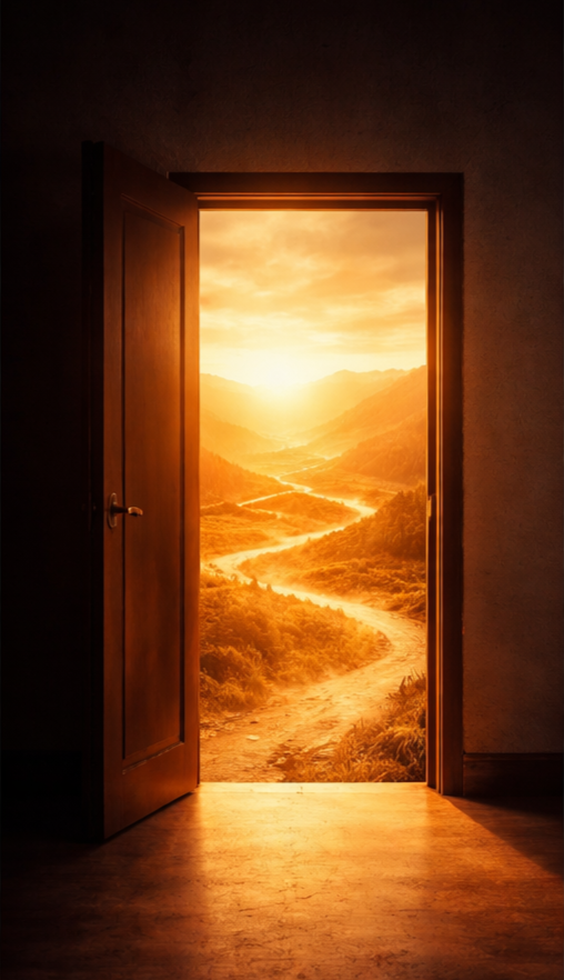 Door opening to a fantasy image of a winding path between hills, drawing out to a sunrise