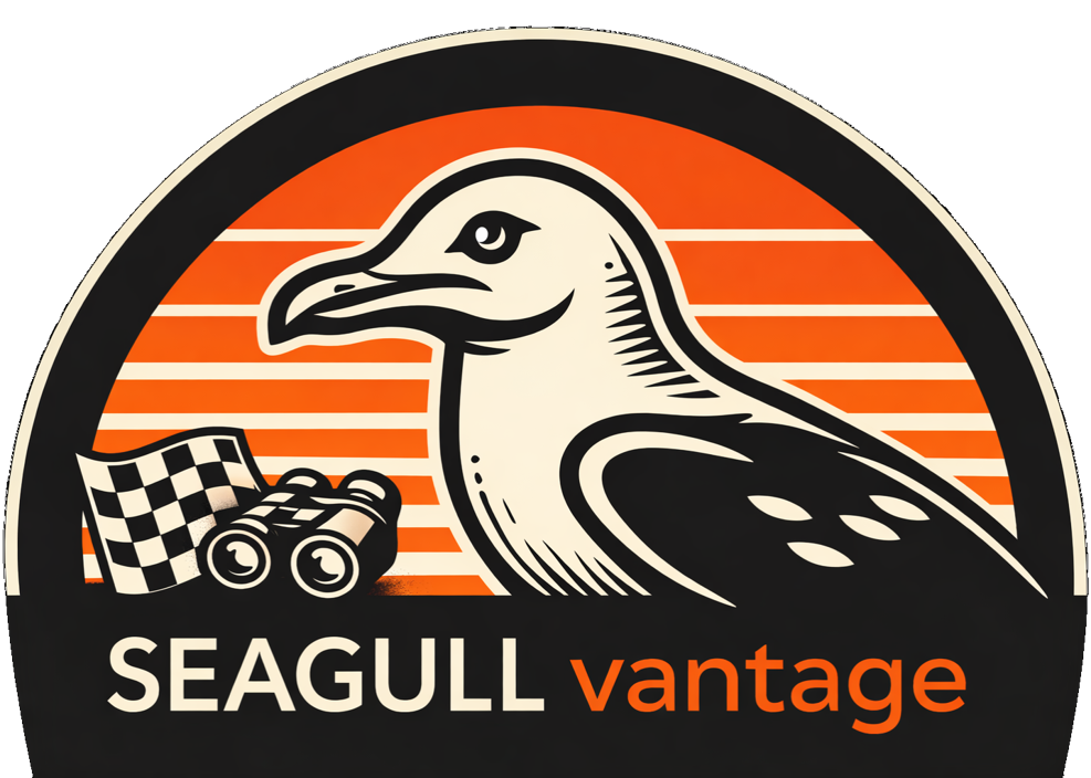 Seagull Vantage detailed logo - seagull facing left in front of retro-themed fading sunset in orange; a racing checkered flag and binoculars next to the seagull