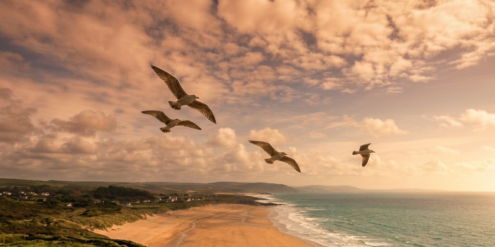 Four seagulls flying over a beach